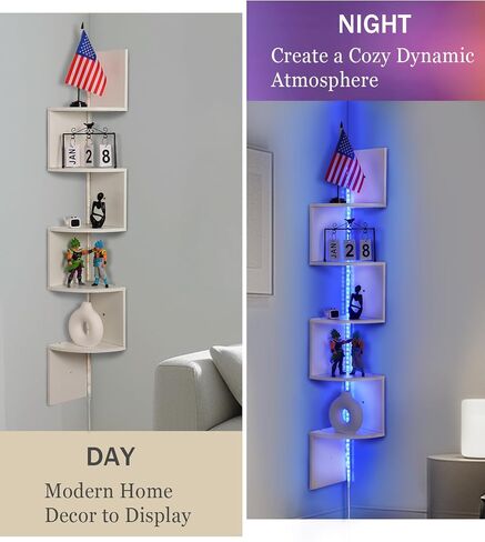 5 Tiers Corner Shelf with RGB LED Lights, 49.2" Wall Mount Floating Corner Display Shelf for Living Room Bedroom Home Office Decor, APP & Remote Control (Black) in Kuwait