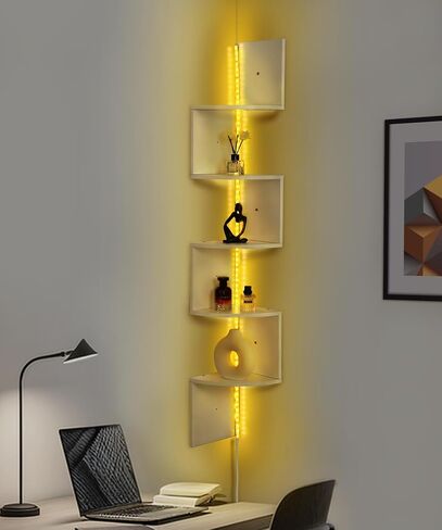 5 Tiers Corner Shelf with RGB LED Lights, 49.2" Wall Mount Floating Corner Display Shelf for Living Room Bedroom Home Office Decor, APP & Remote Control (Black) in Kuwait