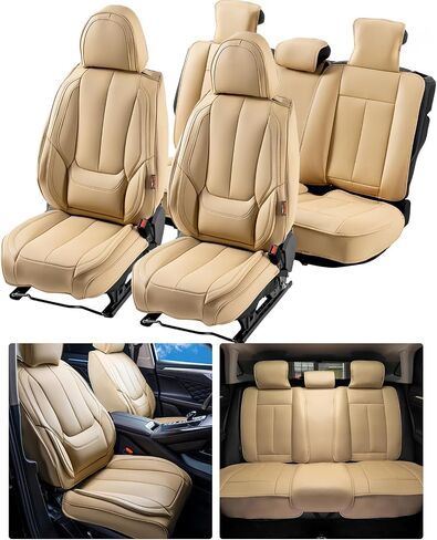 VEVOR Seat Covers, Universal Car Seat Covers Front Seats, 2pcs Faux Leather Seat Cover, Semi-Enclosed Design, Detachable Headrest and Airbag Compatible, for Most Cars SUVs and Trucks Beige in Saudi Arabia