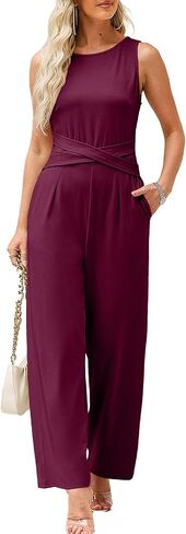 Happy Sailed Jumpsuits for Women Sleeveless Crewneck Cross Waist Wide Leg Long Pants Romper Dressy Business Casual Outfits in Saudi Arabia