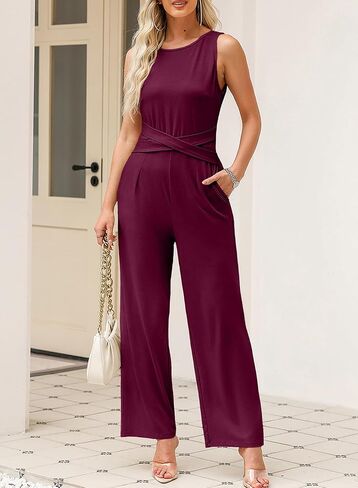 Happy Sailed Jumpsuits for Women Sleeveless Crewneck Cross Waist Wide Leg Long Pants Romper Dressy Business Casual Outfits in Saudi Arabia
