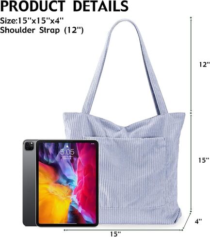 Corduroy Tote Bag for Women Large Hobo Bags Tote Bag with Zipper Casual Shoulder Handbags Work Shopping Bag in Saudi Arabia
