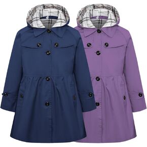 Betusline Girls 2 Packs Trench Coat Hooded Lightweight Single Breasted Dress Outerwear Jacket,2-14 Years