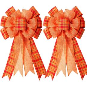 4Pcs Large Fall Thanksgiving Wreath Gift Bow -18.8x10.6inch Orange Buffalo Plaid Check Wreath Swag Bow Wreath Pre-Tied Bow for Fall, Thanksgiving, Christmas, Home Indoor Outdoor Ornaments