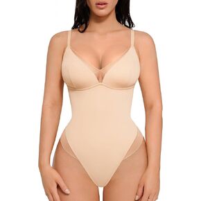 FeelinGirl Shapewear Bodysuits for Women Tummy Control - Deep V Neck Sheer Mesh Double Lined Trendy Thong Body Shaper Tops