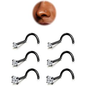 BodyBonita 6pcs Nose Studs - 316L Surgical Steel Corkscrew Nose Rings 18G/20G/22G Nose Piercing Stud 1.5 mm 2 mm 3 mm CZ Screw Nose Rings Studs Nostril Piercing Jewelry for Women Men