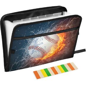 Baseball Ball in Fire and Water Expanding File Folder 13 Pockets Sports Theme Expandable Filing Folders Accordion Document Files Organizer for A4 Letter Size Paper