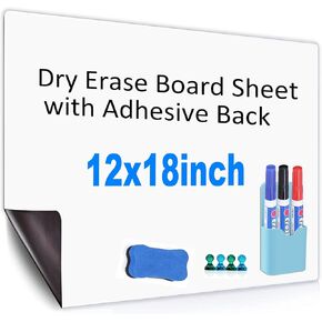 Dry Erase White Board Sheet with Adhesive Back,12" x 18"Self-Adhesive Whiteboard Dry Erase Board for Wall,Fridge,Glass,Magnetic Cuttable Whiteboard for Office,Home,School w/Markers,Eraser and Magnets