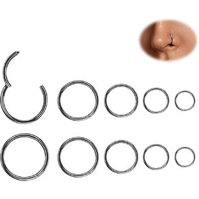 10Pcs Nose Rings Hoops 16G 18G 20G Hoop Nose Rings for Women 316L Surgical Steel Nose Hoop Hinged Clicker Conch Septum Rings Tragus Cartilage Earring Lip Rings Nose Piercing Jewelry 6mm-14mm