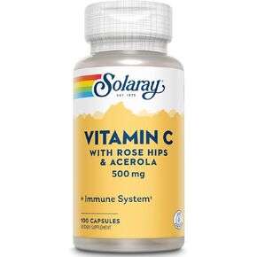 Solaray C مع وردة الوركين والكرز الهندي على مرحلتين، إصدار محدد التوقيت، غطاء نباتي (بلاستيكي) 500 مجم | 100 قيراط in Kuwait