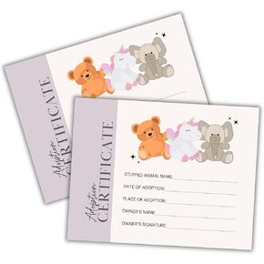 Stuffed Animal Adoption Certificates | 50 pk 8.5x11" Paper Award Carrier Box Gift Card Care Kit for Kids Dragon Dog Cat Teddy Bear Adoption Day
