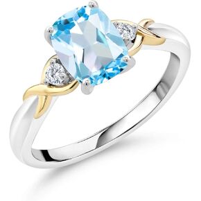 Gem Stone King 925 Silver and 10K Yellow Gold 8X6MM Cushion Cut Gemstone Birthstone and 2MM White Lab Grown Diamond 3-Stone Engagement Ring | Wedding Anniversary Promise Ring For Women