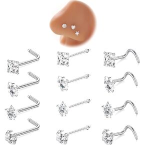 Nose Rings Studs 12Pcs 18G/20G 316L Surgical Steel Nose Studs Hypoallergenic Corkscrew Nose Piercing Jewelry for Women Men Silver Nose Screw Bone L Shaped/Straight Cubic Zirconia Imitation Diamond Heart 3mm