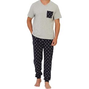 Keyocean Mens Pajama Set, Soft Cotton V-Neck Short-Sleeve T-Shirt & Pants Summer PJ Set for Sleeping