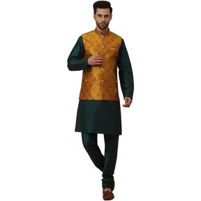 Men Silk Blend Kurta, Churidar & Jacquard Silk Blend Floral Nehru Jacket Set, Ethnic Traditional Wear