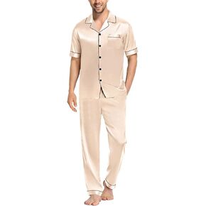 LecGee Mens Satin Pajama Sets Short Sleeve Button Down 2PCS Silky Sleepwear Loungewear Set with Pockets