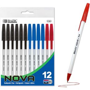BAZIC Ballpoint Pen Nova Assorted Colors Stick Pens, Blue Red Black 1.0 mm Bold Point Smooth Writing, for Office School Teacher (12/Pack), 1-Pack