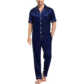 LecGee Mens Satin Pajama Sets Short Sleeve Button Down 2PCS Silky Sleepwear Loungewear Set with Pockets