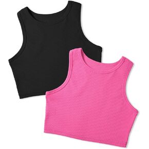 Auranso Girls Tank Tops 2 Pack مضلع متماسكة بلا أكمام جولة الرقبة الأساسية المحاصيل قمم للأطفال