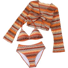 OYOANGLE Girl's 3 Piece Swimsuit Boho Tribal Print Triangle Halter Wireless Bikini Set with Cover Up Tops
