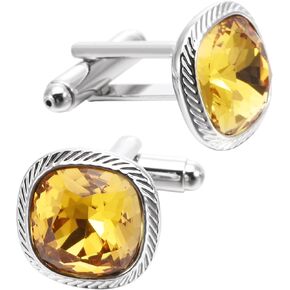 Yellow Zircon Gemstone Cufflinks for Men Lady In Gift Case Silver Square Men's Cufflinks Jewelry Set for Wedding Anniversary Business Party Events Tuxedo Dress Shirt