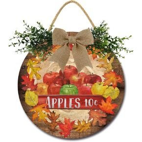 Front Door Porch Decorations Fall Apples Door Hanging Sign 12 inch Wooden Wall Sign, Rustic Holiday Wreath Decor for Front Door Porch Home Window Wall Farmhouse Decorations