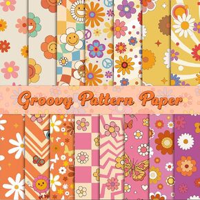 Haooryx Groovy Patterned Origami Paper - 60pcs Groovy 90' Hippie Flower Decorative Craft Paper Bulk Double-Sided Retro Boho Floral Scrapbook Specialty Gift Wrapping DIY Greeting Card Making Giftwrap