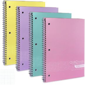 Graph Paper Spiral Notebook - Graph Paper Notebook, Quad Ruled Grid Notebooks, Perforated Pages - 10.5 X 8 Inches - 1 Subject Wirebound Notebook - Assorted Colors - 100 Sheets per Book - (4 Pack)