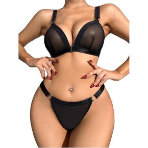 OYOANGLE Women's 2 Piece Mesh Lingerie Set Ring Link Wide Strap Bra and Thong Sets