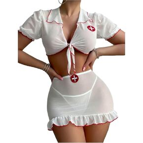 Milumia Women's 3 Piece Nurse Costume Lingerie Sheer Mesh Crop Top Mini Skirt with Thong Roleplay Sets