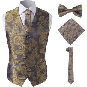 Men's Floral Party Dress Suit Stylish Dinner Gold Brocade Tuxedo Vest,Gold,4XL