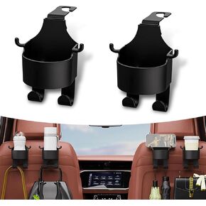 2 Pack Car Seat Headrest Hook with Cup Mount, 3 in 1 Multifunctional Vehicle Storage Hook Replacement, Universal Waterproof Automotive Organizer Accessories for Truck SUV Car (Black)