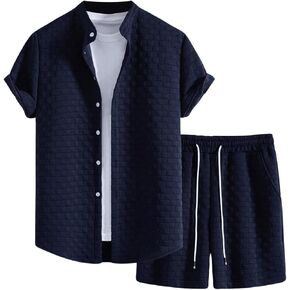 Verdusa Men's 2 Pieces Outfits Short Sleeve Button Down Shirts Textured Short Set