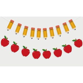 2 PCS Back to School Decorations Banner Apple Pencil Shape Garland Hanging Streamers, First Day of School Classroom Decor Gifts for Teacher Apple Themed Party Supplies
