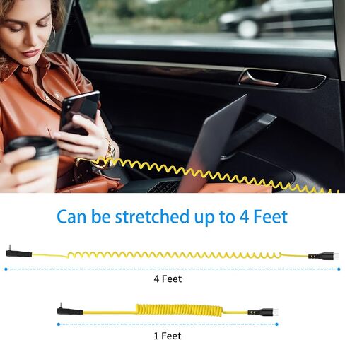 Coiled USB C to USB C Cable - 90 Degree Type C to USB C Cable for Car 60W Fast Charging Retractable Cable Spring Spiral USB C Cable Right Angle USB-C Charger Cord in Saudi Arabia
