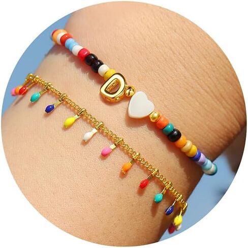 Turandoss Colorful Beaded Bubble Letter Bracelets for Girls Women Gifts - Gold Initial A-Z Bracelets for Teen Girl Women, Gold Charm Bracelet Jewelry for Teen Girls Women in Saudi Arabia