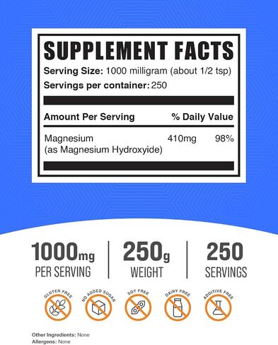 BulkSupplements.com Magnesium Hydroxide Powder - Food Grade Magnesium Hydroxide, Magnesium Hydroxide Supplement - 1000mg (410mg of Magnesium) per Serving, 500g (1.1 lbs) (Pack of 1) in Saudi Arabia