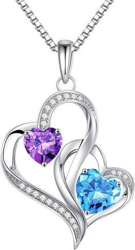 Iefil Birthstone Necklace Gifts for Women - 925 Sterling Silver Double Heart Birthstone Necklace | Anniversary Birthday Gifts for Women | Personalized Gifts | Jewelry Gifts for Wife Mom in Saudi Arabia