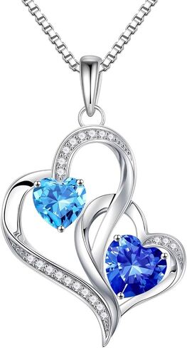 Iefil Birthstone Necklace Gifts for Women - 925 Sterling Silver Double Heart Birthstone Necklace | Anniversary Birthday Gifts for Women | Personalized Gifts | Jewelry Gifts for Wife Mom in Saudi Arabia