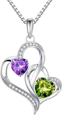 Iefil Birthstone Necklace Gifts for Women - 925 Sterling Silver Double Heart Birthstone Necklace | Anniversary Birthday Gifts for Women | Personalized Gifts | Jewelry Gifts for Wife Mom in Saudi Arabia