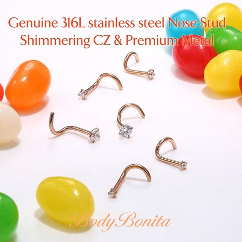 BodyBonita 6pcs Nose Studs - 316L Surgical Steel Corkscrew Nose Rings 18G/20G/22G Nose Piercing Stud 1.5 mm 2 mm 3 mm CZ Screw Nose Rings Studs Nostril Piercing Jewelry for Women Men in Kuwait