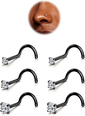 BodyBonita 6pcs Nose Studs - 316L Surgical Steel Corkscrew Nose Rings 18G/20G/22G Nose Piercing Stud 1.5 mm 2 mm 3 mm CZ Screw Nose Rings Studs Nostril Piercing Jewelry for Women Men in Kuwait