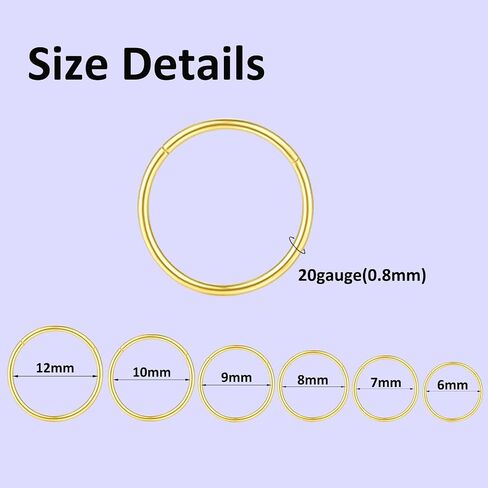 6/12Pcs 16G 18G 20G Nose Rings Hoops 316L Surgical Steel Nose Septum Lip Rings Tragus Cartilage Daith Rook Piercing Jewelry for Women 6mm 7mm 8mm 9mm 10mm 12mm in Saudi Arabia