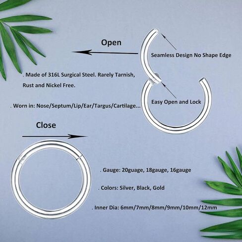 6/12Pcs 16G 18G 20G Nose Rings Hoops 316L Surgical Steel Nose Septum Lip Rings Tragus Cartilage Daith Rook Piercing Jewelry for Women 6mm 7mm 8mm 9mm 10mm 12mm in Saudi Arabia