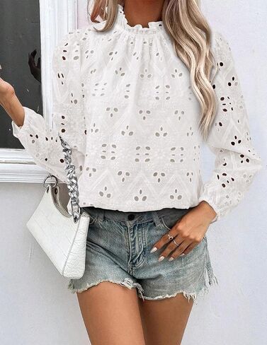 بلوزات نسائية من PRETTYGARDEN قمصان كاجوال مطرزة بأكمام طويلة منتفخة وكشكشة من الدانتيل ملابس خريفية in Kuwait
