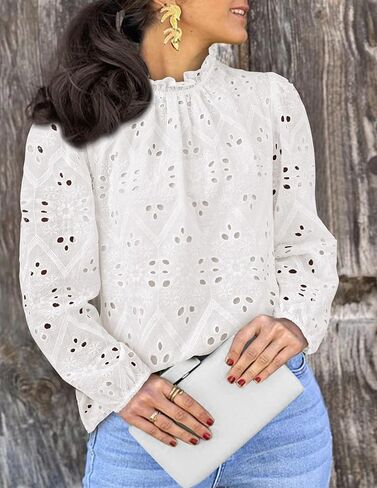 بلوزات نسائية من PRETTYGARDEN قمصان كاجوال مطرزة بأكمام طويلة منتفخة وكشكشة من الدانتيل ملابس خريفية in Kuwait
