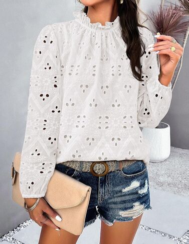 بلوزات نسائية من PRETTYGARDEN قمصان كاجوال مطرزة بأكمام طويلة منتفخة وكشكشة من الدانتيل ملابس خريفية in Kuwait