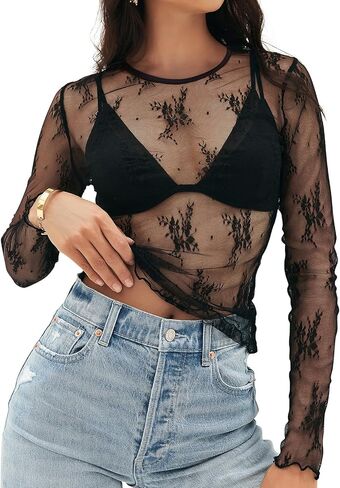 MEROKEETY 2024 Womens Lace Sheer Mesh Long Sleeve Top Crewneck Sexy Y2k See Through Blouse Shirts in Saudi Arabia