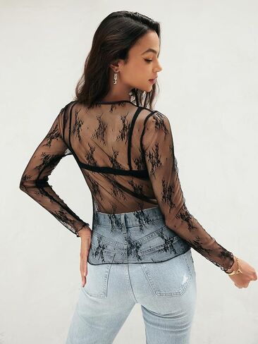 MEROKEETY 2024 Womens Lace Sheer Mesh Long Sleeve Top Crewneck Sexy Y2k See Through Blouse Shirts in Saudi Arabia