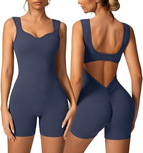 Vertvie Sleeveless Jumpsuits for Women Shorts V Back Scrunch Workout One Piece Bodysuit Open Back Tummy Control Yoga Rompers in Saudi Arabia